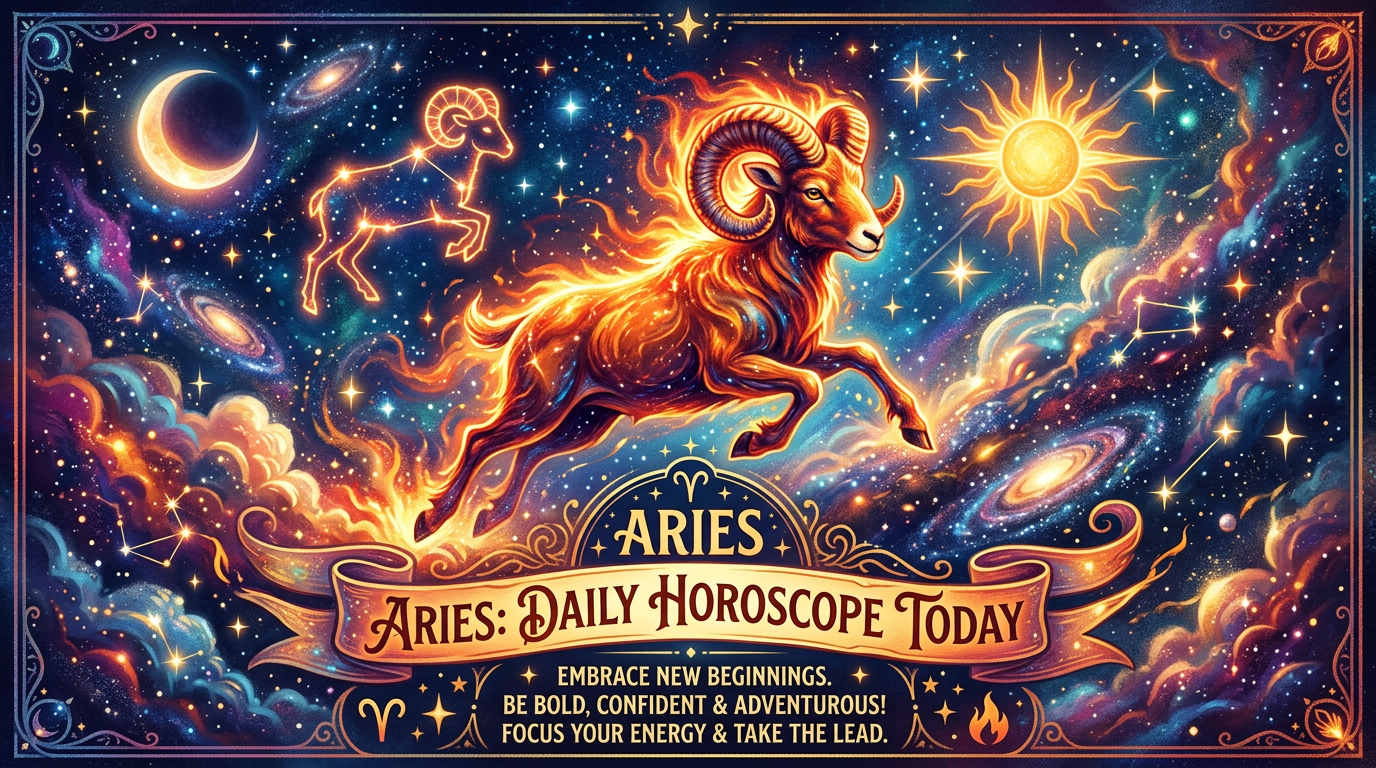 Fiery ram symbolizing Aries with daily horoscope text about embracing new beginnings and being bold