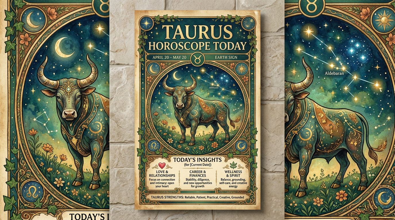 Taurus horoscope poster featuring a bull under stars with today's insights on love, career, and wellness