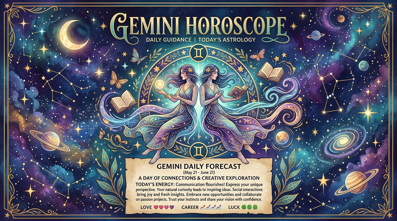 Gemini horoscope daily forecast with cosmic design and twin figures