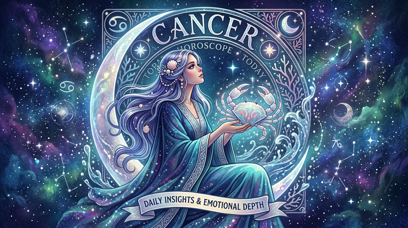 A woman in blue robes holding a glowing crab with a crescent moon and stars background representing Cancer horoscope