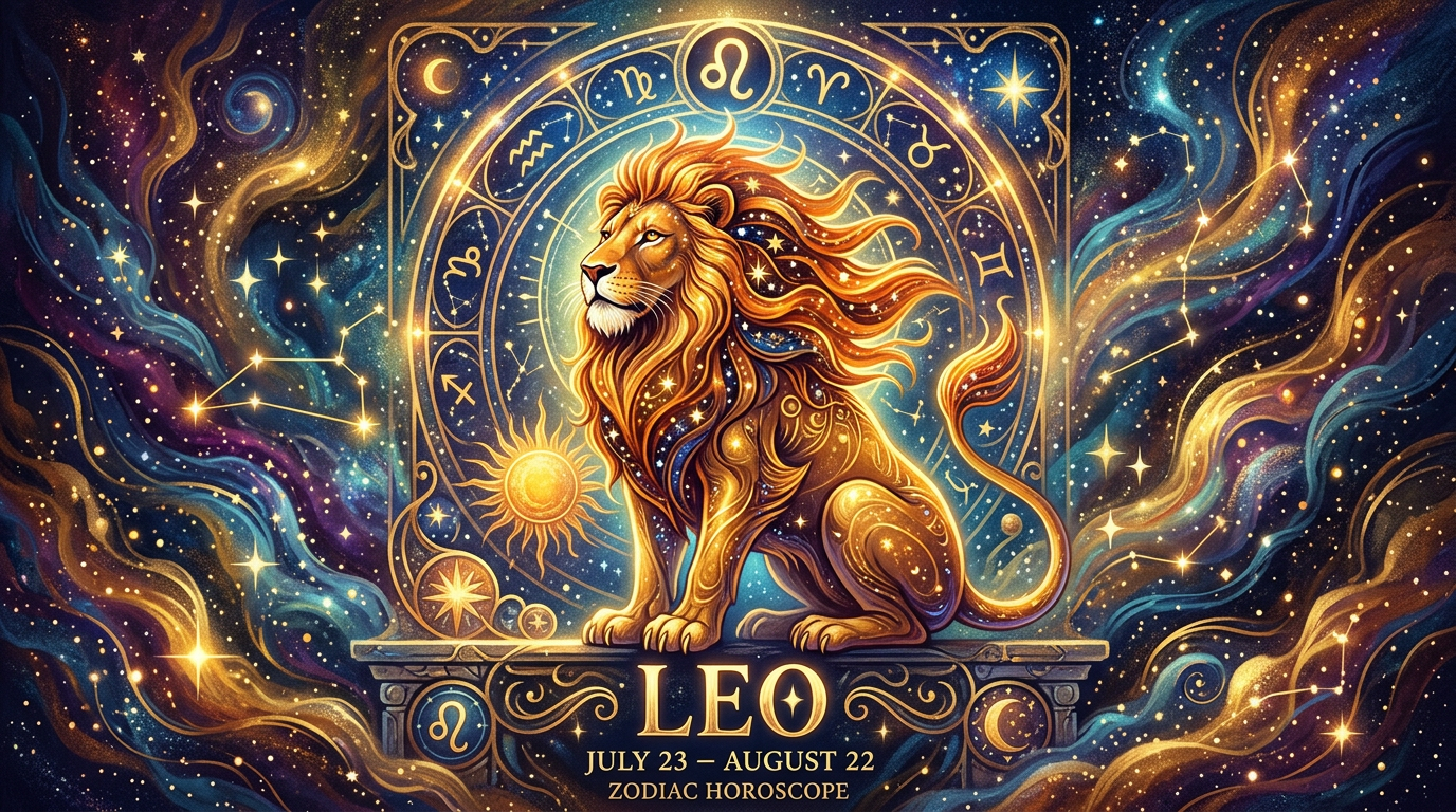 Golden lion with flowing mane sitting on a pedestal with zodiac symbols and stars