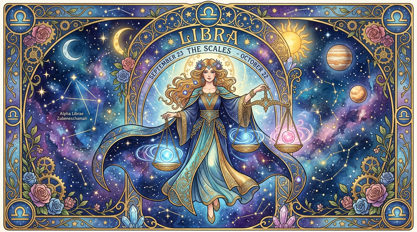 Illustration of Libra zodiac sign with a woman holding scales surrounded by stars and planets