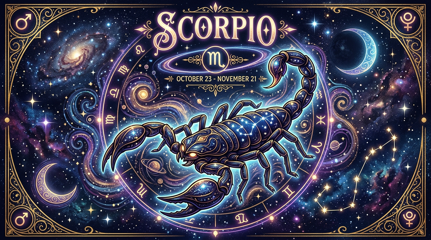 Illustration of Scorpio zodiac sign with scorpion and celestial background